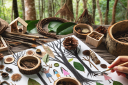 Eine Hand gestaltet eine Kollage aus Waldmaterialien und Gemaltem